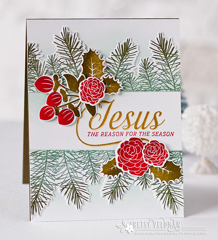 Stamps:  Inspired: Jesus, Holiday Greens, Holiday Greens Borders<br />
Ink:  Ocean Tides, Olive...