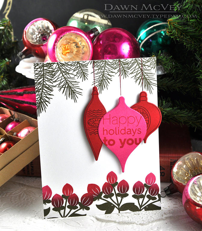 Paper: stamper&#039;s select white, raspberry fizz, pure poppy<br />
Stamps: Holiday Greens...