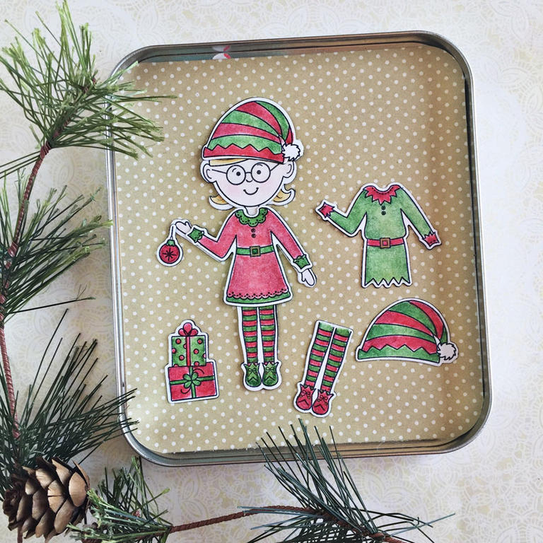 stamps: Dress Up Dolls: Basics, Dress Up Dolls: Elves ink: True Black cardstock: adhesive sheet...