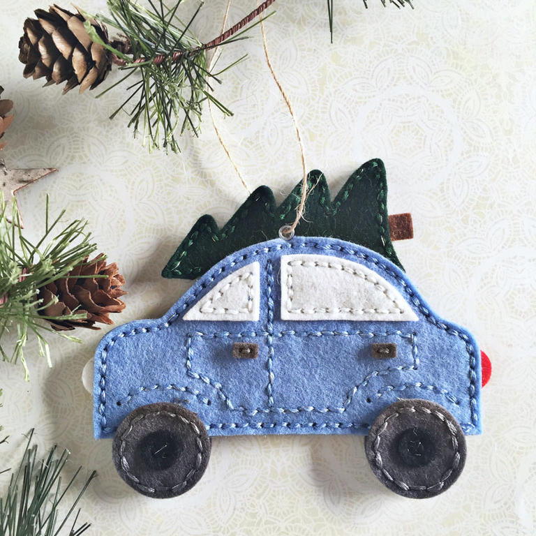 Stitched Car dies, Stitched Car Tree dies, Pinefeather felt, Dark Chocolate felt, Blueberry Sky...