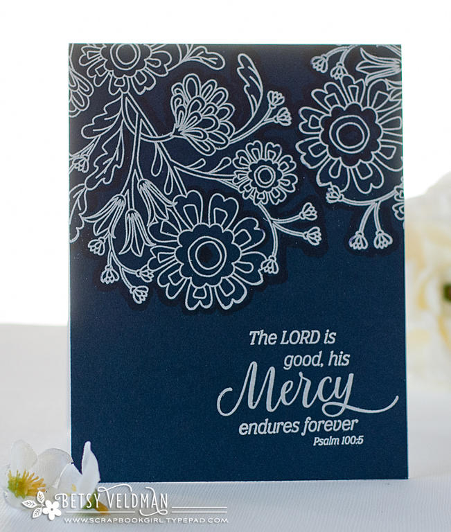 Stamps:  Better Together, Inspired: Mercy<br />
Ink:  Versamark<br />
Cardstock:  Dark Indigo,...