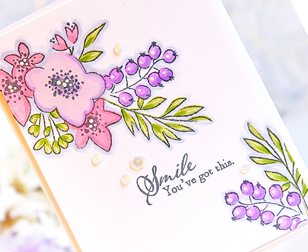 STAMPS: Fresh Bouquet<br />
INK: Lilac Grace, Lovely Lady, Spring Moss, Amethyst Allure, Stormy...