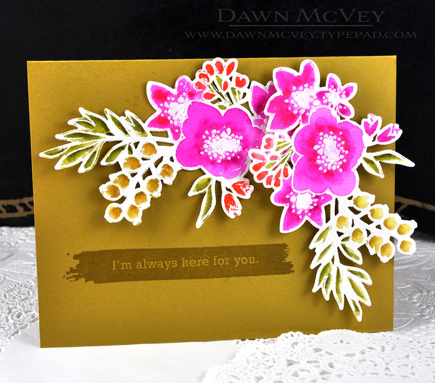 Paper: watercolor, saffron spice<br />
Stamps: Fresh Bouquet, Stroke Speak<br />
Ink: saffron...