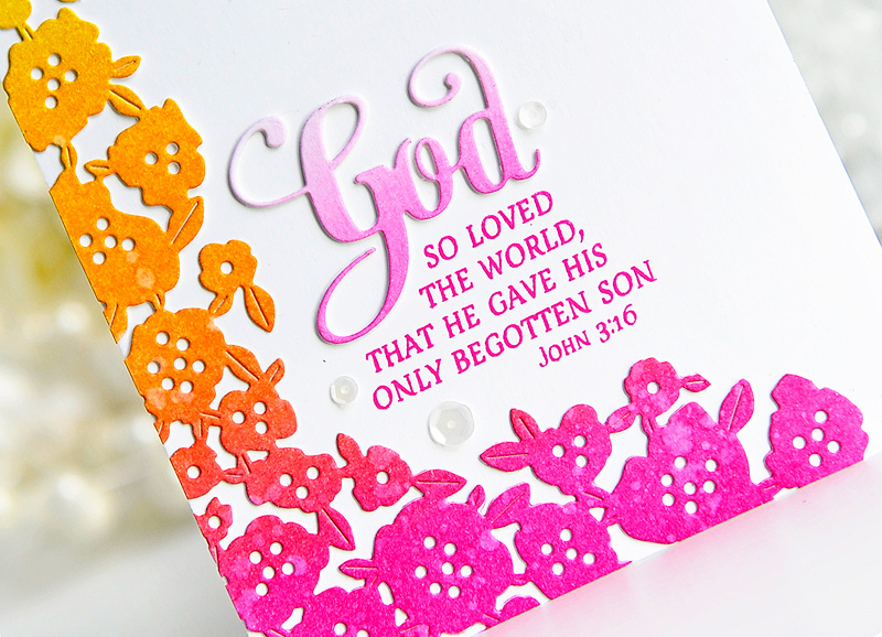 STAMPS: Inspired: God<br />
DIES: Inspired: God, Floribunda Frame, Basic Bookmark III<br />...