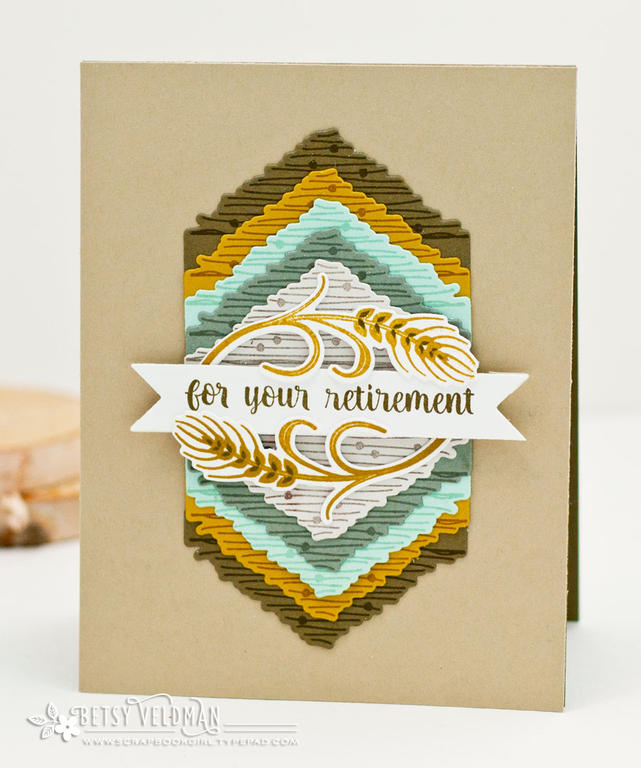 Stamps:  Splits: Hello There, Keep It Simple: Retirement<br />
Ink:  Olive Twist, Saffron...