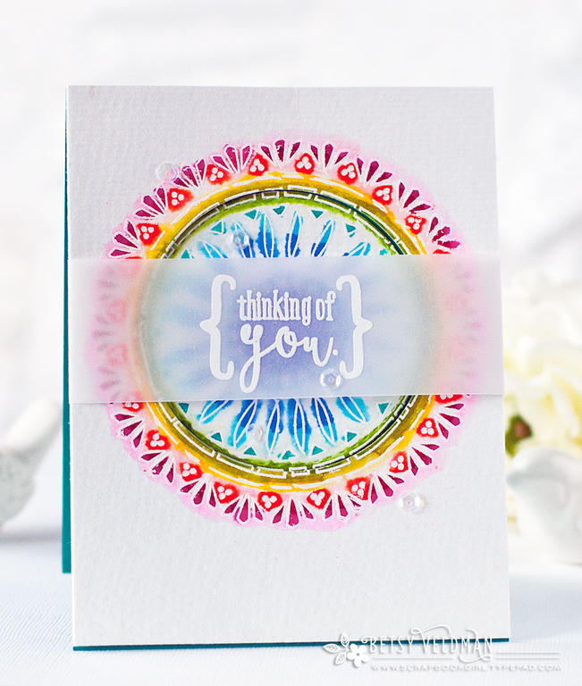 Stamps:  Boho Rounds<br />
Ink:  Versamark<br />
Cardstock:  Tropical Teal, Vellum cardstock,...
