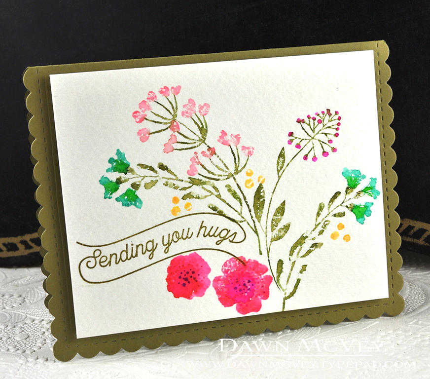 Paper: watercolor card stock, prairie grass<br />
Stamps: Gathered Garden, Banner Style<br />...