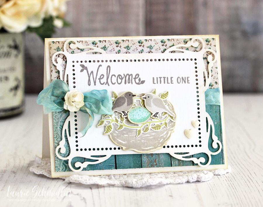 Stamps: Nesting<br />
Dies: Nesting, Mix &amp; Mat: Flourishes<br />
Paper:  Fresh Snow Linen...