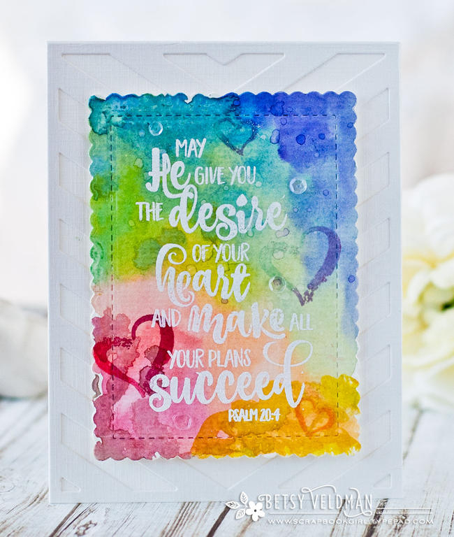 Stamps:  Year of Psalms: April<br />
Ink:  Versamark, Scarlet Jewel, Berry Sorbet, Aqua Mist,...