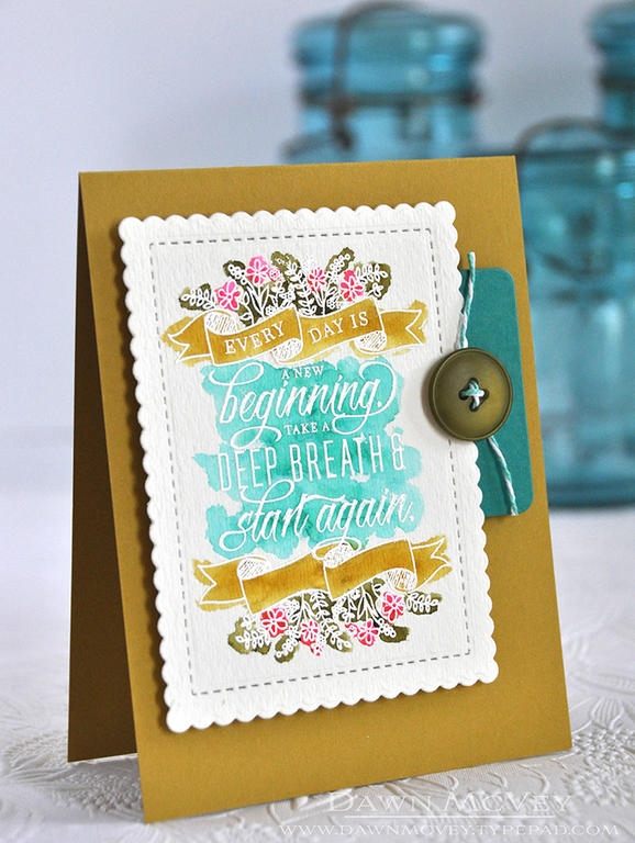 Stamps: Quoted: Start Again<br />
Ink: Versamark<br />
Paper: Saffron Spice, Tropical Teal,...