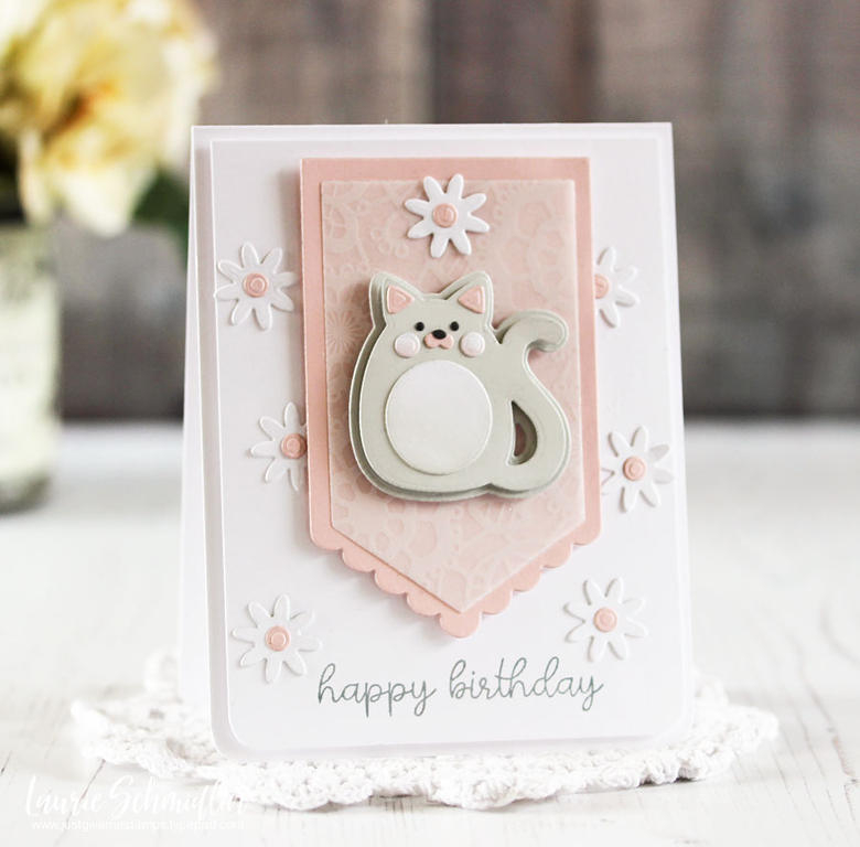 Stamps: Ways to Say: Birthday<br />
Dies: Kayâ€™s Critters: Cuddly Cat, Made With Love Tags...