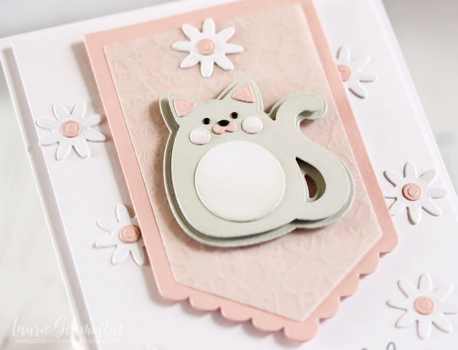 Stamps: Ways to Say: Birthday<br />
Dies: Kayâ€™s Critters: Cuddly Cat, Made With Love Tags...