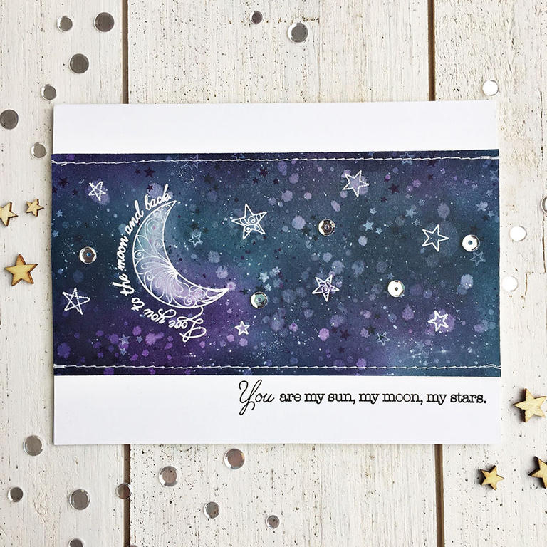 STAMPS: Sun &amp; Moon<br />
<br />
INK: True Black, Fresh Snow, Hawaiian Shores, Royal...