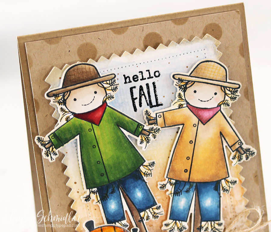 STAMPS:  Autumn Scarecrow<br />
INK:  Black (Memento), Kraft, Versamark<br />
PAPER:  Stamper’s...