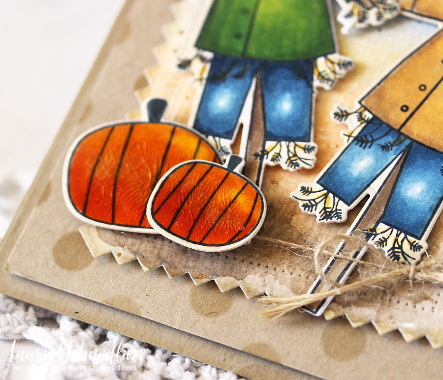 STAMPS:  Autumn Scarecrow<br />
INK:  Black (Memento), Kraft, Versamark<br />
PAPER:  Stamper’s...
