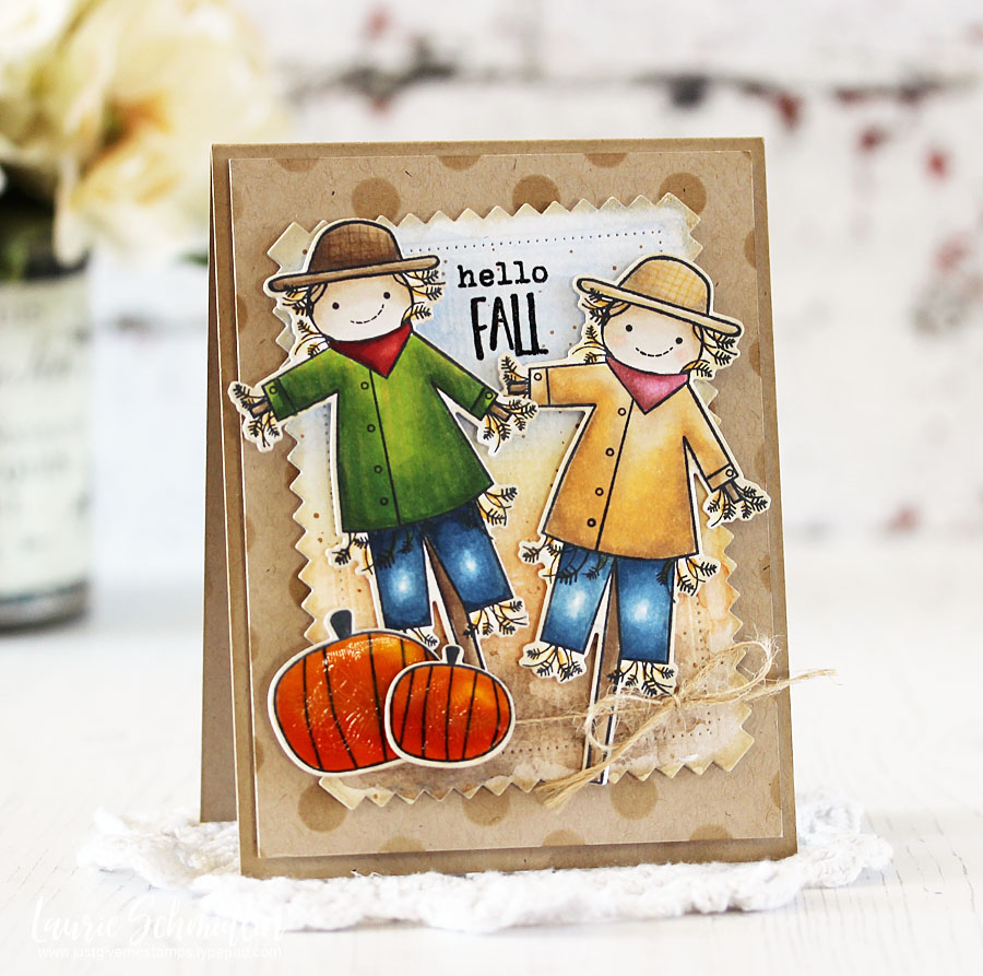 STAMPS:  Autumn Scarecrow<br />
INK:  Black (Memento), Kraft, Versamark<br />
PAPER:  Stamper’s...