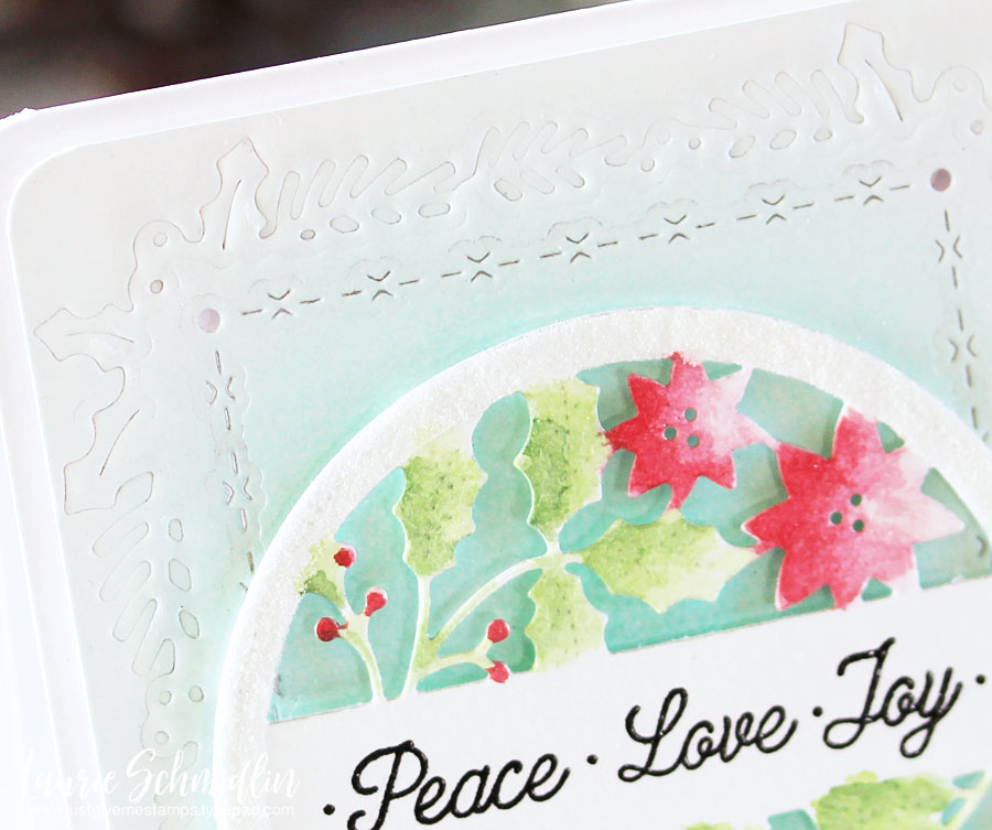 STAMPS: Cutaway Tags: Winter<br />
INK: Hawaiian Shores, Versamark<br />
PAPER: Stamper’s Select...
