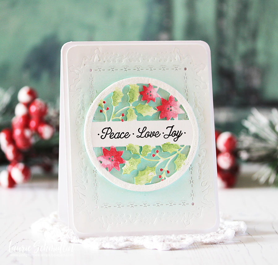 STAMPS: Cutaway Tags: Winter<br />
INK: Hawaiian Shores, Versamark<br />
PAPER: Stamper’s Select...