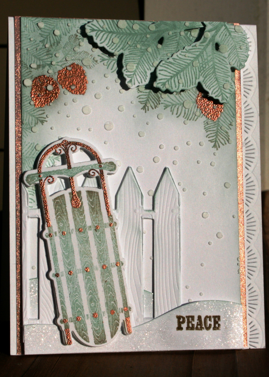 I combined Peaceful Pinecones with Two Feet Deep to make this card.  The fence die I had in my...