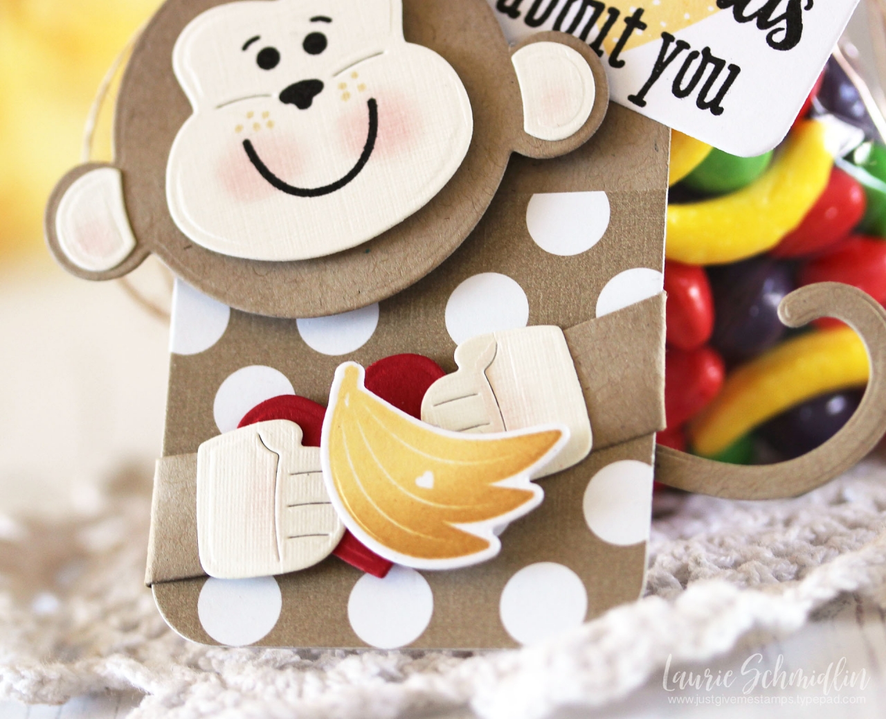 Stamps: Huggable: Monkey<br />
<br />
Paper:  Kraft, Stamper's Select White, Vintage Cream...