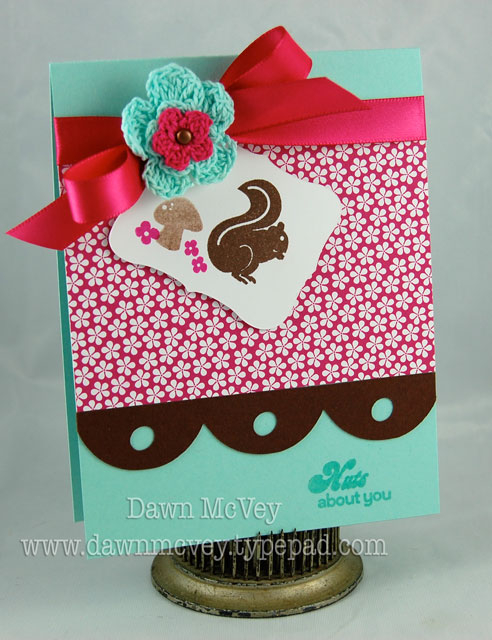 Paper: aqua mist, dark chocolate, stamper's select white, raspberry fizz mix patterned...