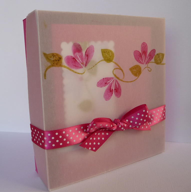 Notecard box.  Flower Garden, raspberry fizz paper, ink and ribbon.  Vellum cardstock