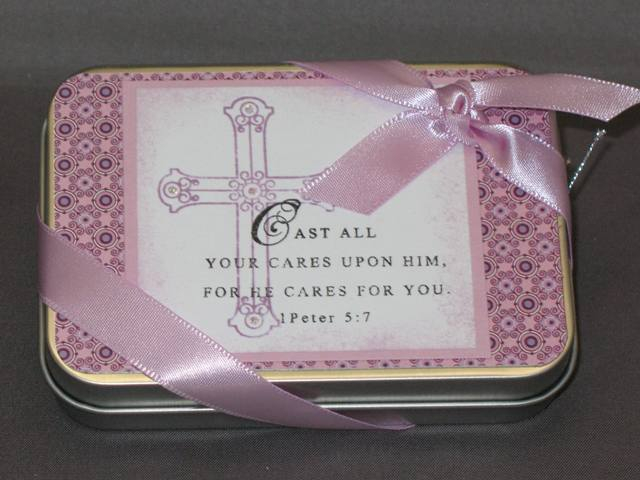 I put teabags and sugar packets in this tin for a good friend.  <br />
Cardstock: Lavender Moon...