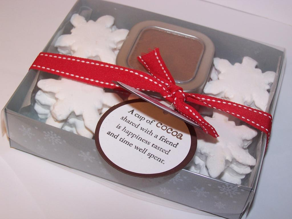 Homemade Marshmellow snowflakes and cocoa mix. I made the card with Warm Happiness and stamped...
