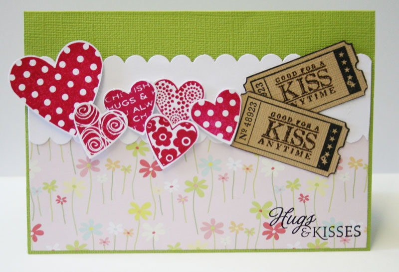 Hugs and Kisses Valentine Card<br />
<br />
Heart prints stamps<br />
stampin up scallop...