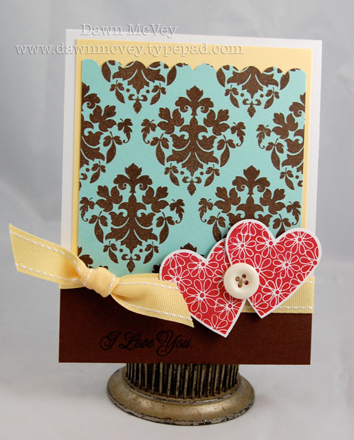 Paper: stamper's select white, aqua mist, lemon tart, dark chocolate<br />
Stamps: Damask...