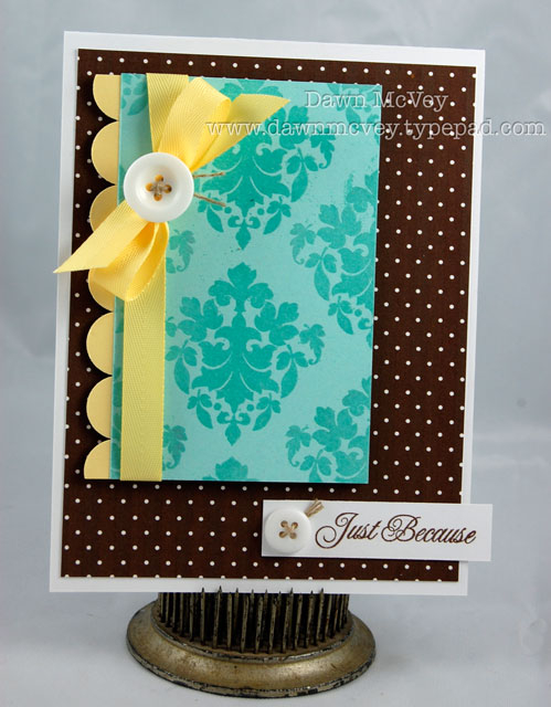 Paper: stamper's select white, aqua mist, lemon tart, bitty dot basics-dark chocolate<br />...