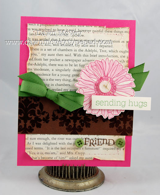 Paper: raspberry fizz, dark chocolate, vintage cream, vintage book print<br />
Stamps: Friends...