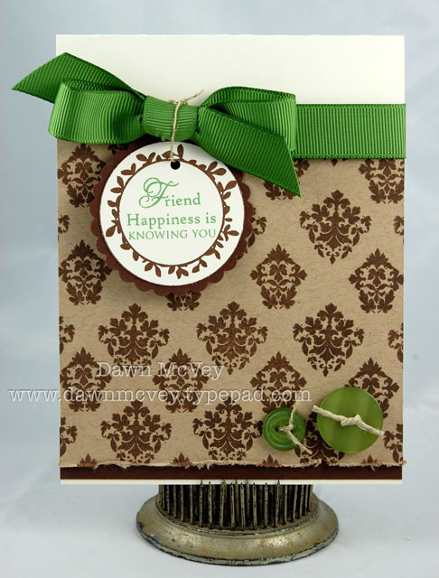Paper: vintage cream, dark chocolate, kraft<br />
Stamps: Tags for Spring, Damask Designs<br />...