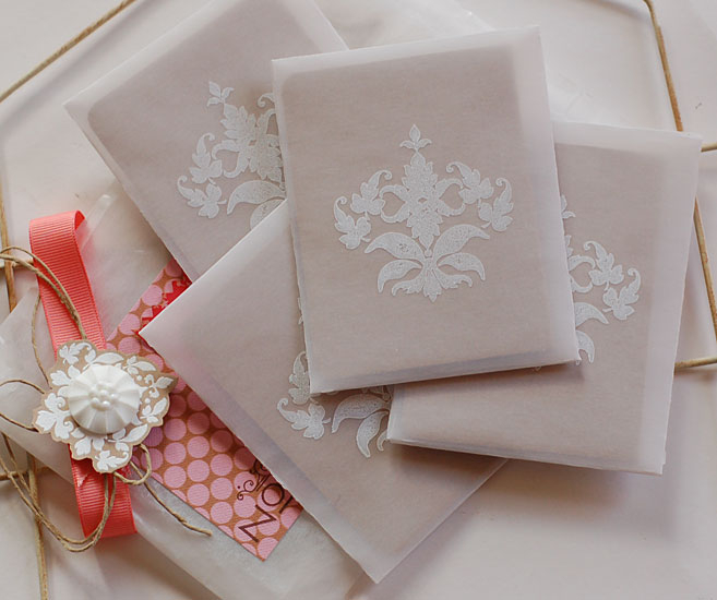 Damask Notes with Vellum Envelopes<br />
The envelopes were cut using the Wild Card Cricut...