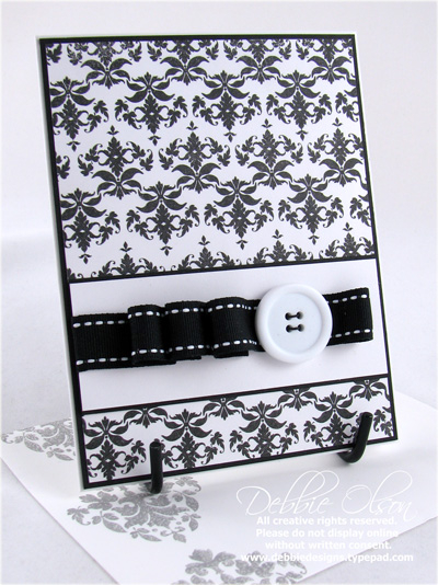 Damask Designs Pleated Ribbon Card<br />
Cardstock: Stampers Select White, Basic Black<br />...