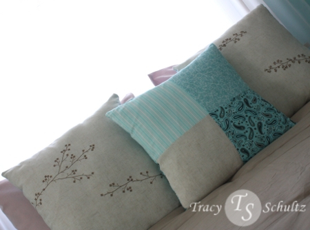 Pillows made from linen stamped with PTI Out on a Limb. Stamped with Palette Burnt Umber ink and...