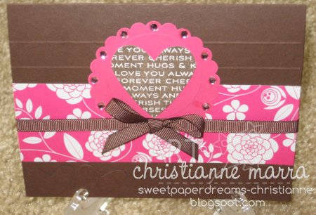 Cardstock:  Dark Chocolate. Raspberry Fizz<br />
Ink:  Dark Chocolate<br />
Stamps:  Heart...