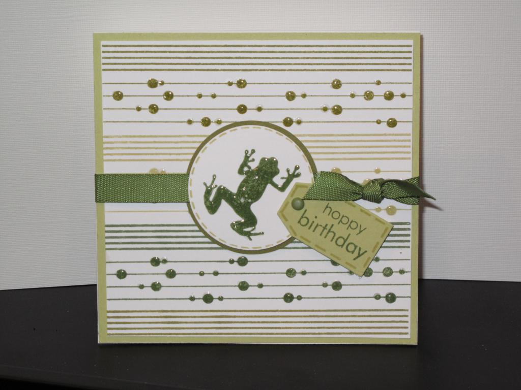 Hoppy Birthday<br />
cardstock: white, Spring Moss, Ripe Avacado<br />
stamps: Background...