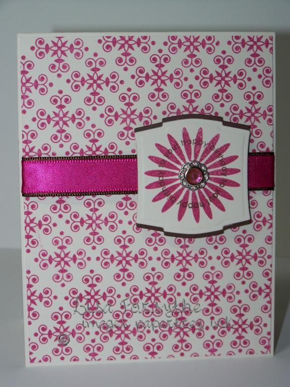 All supplies papertrey ink, raspberry fizz ribbon is layered over dark chocolate swiss dots...