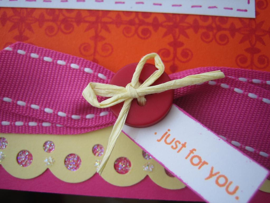 The little details: a sentiment from around and about sentiments, raspberry fizz ribbon,...