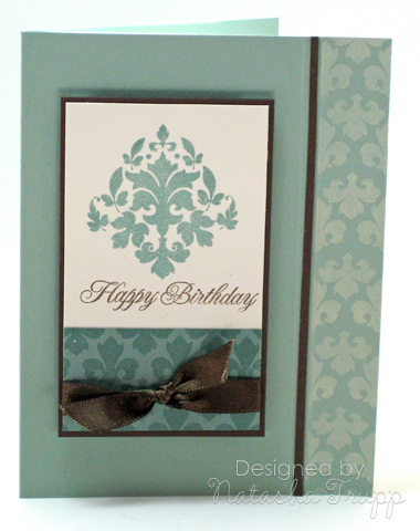 Supplies:<br />
Card One: Stamps: Damask Designs (PTI)<br />
Cardstock: Sage Shadow, Ocean...