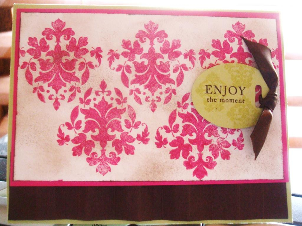Vintage-look damask design in Spring moss, Raspberry Fizz, dark chocolate, mixed messages.
