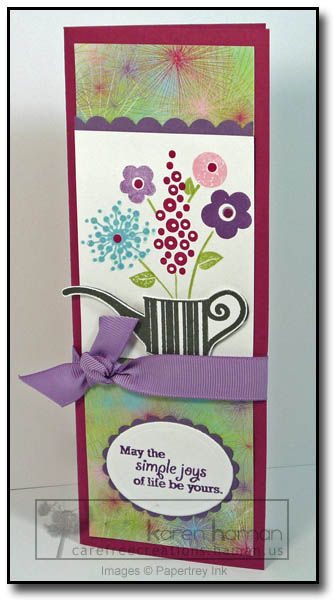 Supplies<br />
Stamps: Green Thumb (PTI);<br />
Ink: Pomegranate (SU), Celery (SU), Teal (SU),...