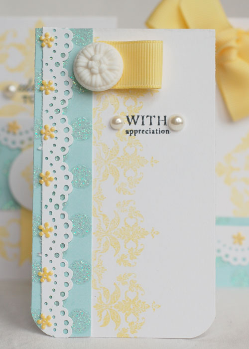 A mini card with Damask Designs, Mixed Messages and Lemon Tart ribbon  .