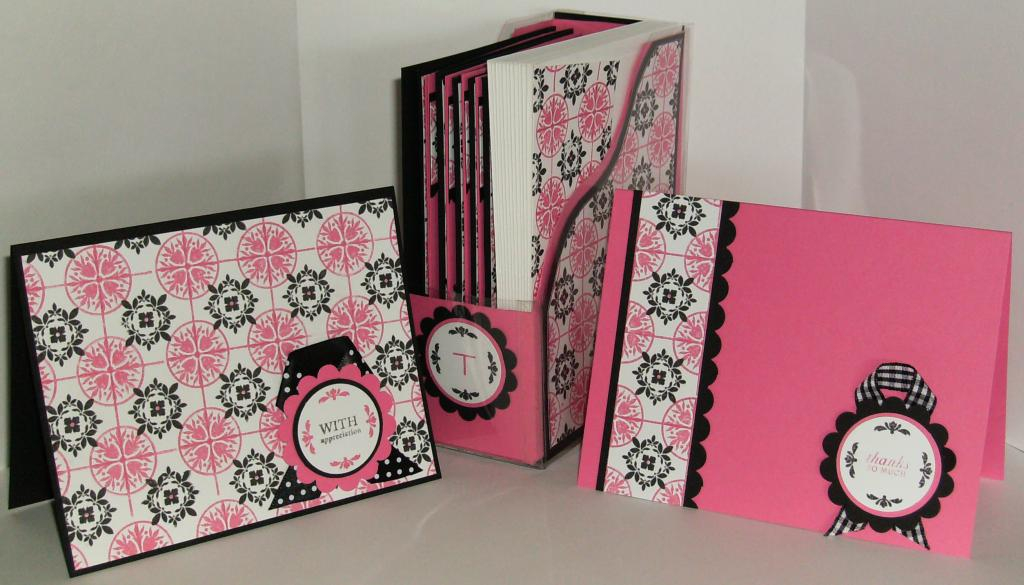 Closeup view of the two card designs and the assembled file holder. The Hibiscus Burst file...