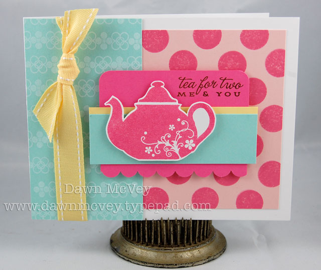 Paper: stamper's select white, aqua mist, sweet blush, lemon tart<br />
Stamps: Tea for...