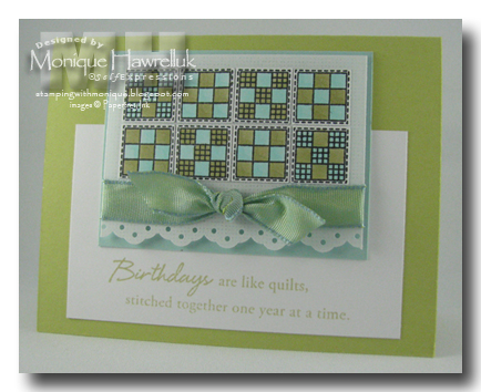 Copics used, eyelet border punch, misc. ribbon - all other PTI