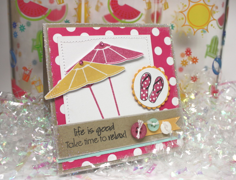 Supplies:  Day at the Beach, Raspberry Fizz paper, Kraft Cardstock, Vintage Buttons, white...