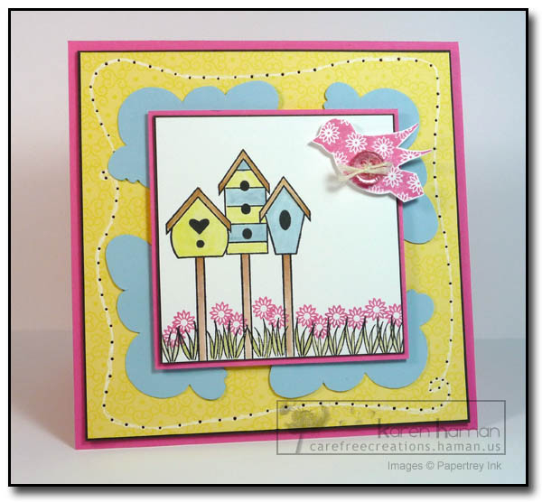 Stamps: Bird Watching;<br />
Ink: Hibiscus Burst, Lemon Tart, Spring Rain, Noir (Palette),...