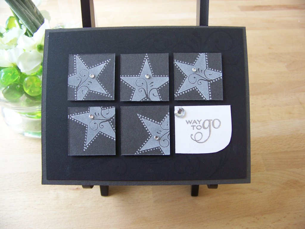 Stamps: Star Prints, Fancy Flourishes<br />
Cardstock: true black, stampers select white, smoky...